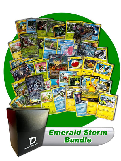 Emerald Storm TCG Random Assortment Bundle || Guaranteed Grass, Water, or Electric Ultra Rare + 20 Random Grass, Water, or Electric Cards + Dan123yal Deck Box