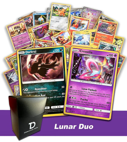 Lunar Duo TCG Random Assortment Bundle || Guaranteed Lunar Duo + 6 Holographic Cards + 6 High HP Cards + Dan123yal Deck Box