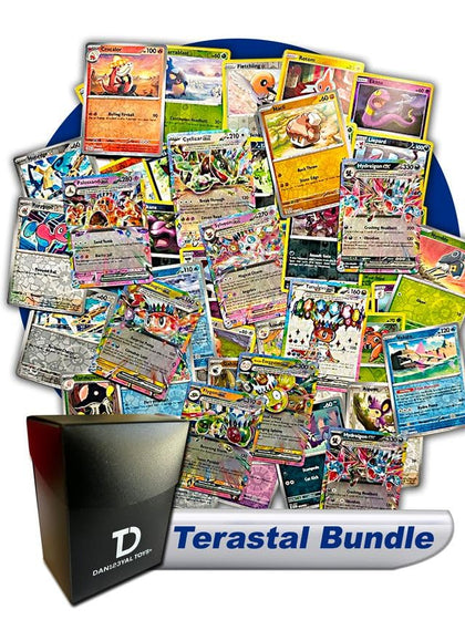 Terastal Pokémon Compatible TCG Random Assortment Bundle || Guaranteed Terastal Card + 15 Random Reverse Holos + Dan123yal Deck Box