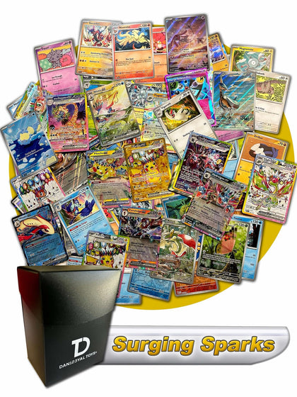 Surging Sparks Pokémon Compatible TCG Random Assortment Bundle || Guaranteed Ultra Rare + 30 Random Cards + Dan123yal Deck Box