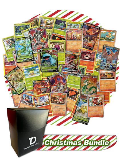 Christmas Pokémon Compatible TCG Random Assortment Bundle || Guaranteed Fire or Grass Ultra Rare + 20 Random Fire Or Grass Cards + Dan123yal Deck Box