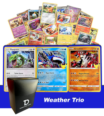 Dan123yal Weather Trio TCG Random Assortment Bundle || Guaranteed Weather Trio + 6 Holographic Cards + 6 High HP Cards Deck Box