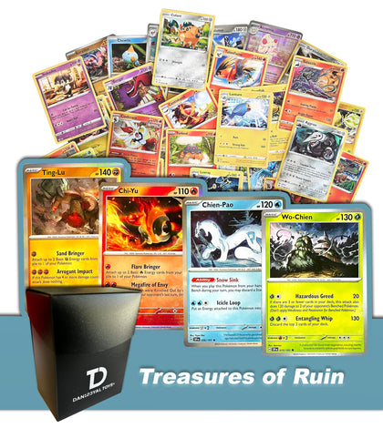 Dan123yal Treasures of Ruin TCG Random Assortment Bundle || Guaranteed Treasures of Ruin Quartet + 6 Holographic Cards + 6 High HP Cards Deck Box