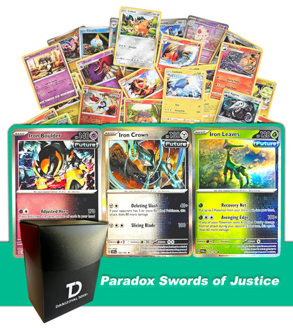 Paradox Swords of Justice TCG Random Assortment Bundle || Guaranteed Paradox Swords of Justice Trio + 6 Holographic Cards + 6 High HP Cards + Dan123yal Deck Box