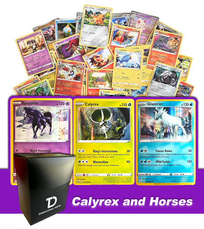 Dan123yal Calyrex and Steeds TCG Random Assortment Bundle || Guaranteed Calyrex & Steeds + 6 Holographic Cards + 6 High HP Cards Deck Box