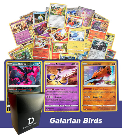 Galarian Birds TCG Random Assortment Bundle || Guaranteed Galarian Bird Trio + 6 Holographic Cards + 6 High HP Cards + Dan123yal Deck Box