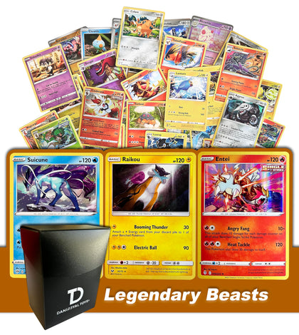 Legendary Beasts TCG Random Assortment Bundle || Guaranteed Legendary Beasts Trio + 6 Holographic Cards + 6 High HP Cards + Dan123yal Deck Box