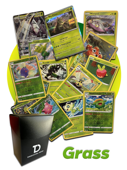 Grass Type TCG Assortment Bundle || Guaranteed Ultra Rare Grass Card + 30 Random Grass Type Cards + Dan123yal Deck Box