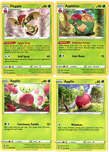 Pokemon Rebel Clash Evolution Set - Flapple 022/192 & Appletun 023/192 - Sword & Shield - Foil Rare 4 Card Lot