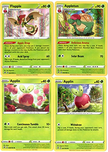 Flapple & Appletun Pokemon Evolution Card Set - Applin - Sword & Shield Rebel Clash - 22/192-23/192 - Rare 4 Card Lot