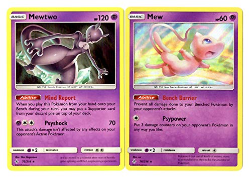 Legendary Card Set - Mew 76/214 & Mewtwo 75/214 - Sun Moon Unbroken Bonds - Holo Rare Card Lot