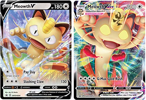 Pokemon Meowth V & Vmax Set - SWSH004 & SWSH005 - Black Star Promo Exclusive Sword & Shield - 2 Card Lot