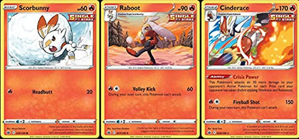 Chilling Reign Cinderace- Evolution Card Lot - Cinderace Raboot Scorbunny Single Strike 028/198 - Rare 3 Card Lot